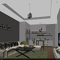 Modern Living and Dining Room Interior With Gray Sofa Yellow Chairs And Decorative Paintings