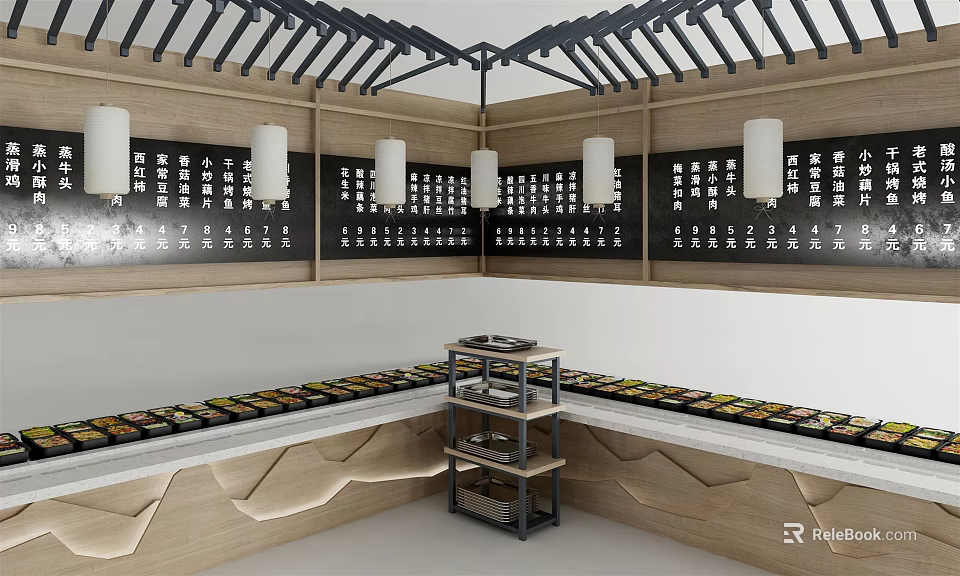 Chinese Style Showcase Shelves For Food Display With Wooden Structure Lanterns And Character Decorations 3d model 