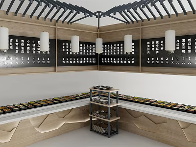 Chinese Style Showcase Shelves For Food Display With Wooden Structure Lanterns And Character Decorations 3d model