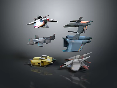 Colorful Sci-Fi Aircraft Models With Different Designs And Detailed Features On Dark Background 3d model
