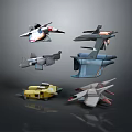 Colorful Sci-Fi Aircraft Models With Different Designs And Detailed Features On Dark Background