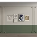 Decorative Wainscoting Wall Design With Framed Artworks On Light Green And Off White Walls