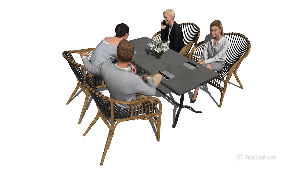 Gray Rattan Table and Chair Set with Flower Arrangement for Social Gatherings 3d model 