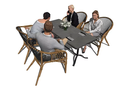 Gray Rattan Table and Chair Set with Flower Arrangement for Social Gatherings 3d model