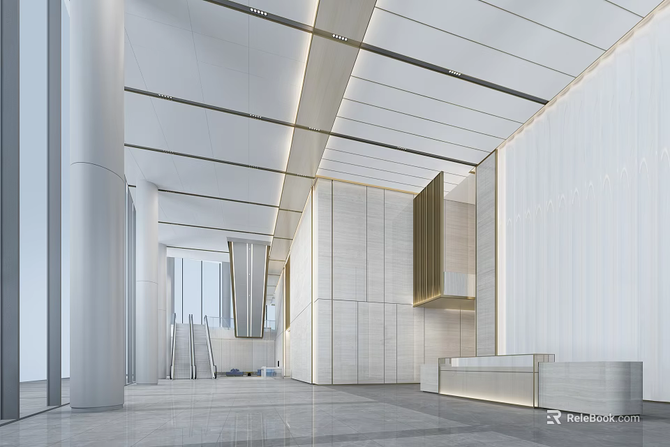Elegant Modern Spacious Lobby Reception Desk With Marble Design Lighting And Elevators 3d model