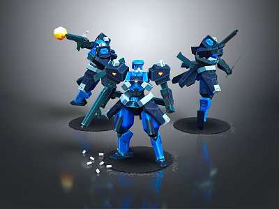 Game And Movie Robot Characters In Blue Metallic Design With Weapons And Black Bases 3d model