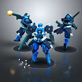 Game And Movie Robot Characters In Blue Metallic Design With Weapons And Black Bases