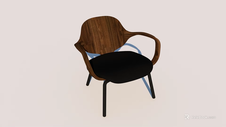 Modern Walnut Wood Accent Chair With Armrests Black Padded Seat And Metal Legs 3d model 