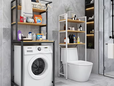 Modern Bathroom Cabinet Rack With Metal Frame Storage Toiletries Washing Machine And Toilet 3d model