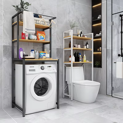 Modern Bathroom Cabinet Rack With Metal Frame Storage Toiletries Washing Machine And Toilet 3d model