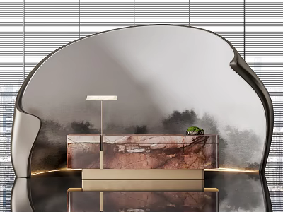 Modern Reception Desk With Marble Countertop Table Lamp Potted Plant And Grille Background 3d model