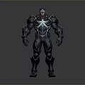 Futuristic Game Character In Black Armored Suit With Blue Glowing Accents