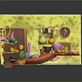 Colorful Indoor Playroom Scene With Yellow Walls Shelves Toys And Small Boat