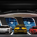 Modern Luxury Car Parking Lot With Curved Ceiling Lights Purple Wall And Logo