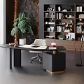 Modern Office Interior With Desk Bookshelf Green Plant Chair And Floor to Ceiling Window
