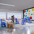 Exhibition Booth With Large Screen Colorful Building Block Patterns Blue White Tables Chairs And People