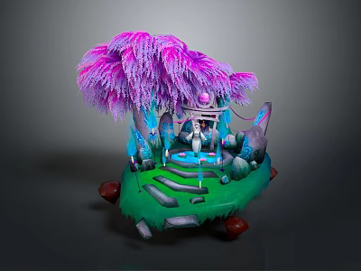 Cartoon Scene With Pink Purple Feathery Tree Green Grass And Blue Decorations On Red Supports 3d model