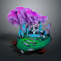 Cartoon Scene With Pink Purple Feathery Tree Green Grass And Blue Decorations On Red Supports