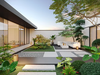 Modern Courtyard Garden Design With Outdoor Sofa Green Plants Stone Pathway And Wooden Deck 3d model