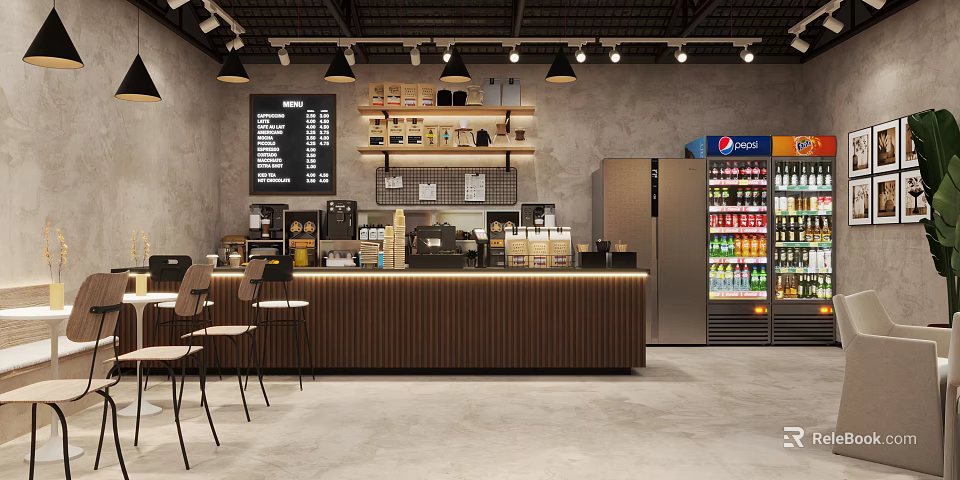 Modern Café Interior With Wooden Counter Coffee Machines Menu Board Bar Stools And Beverage Fridge 3d model 