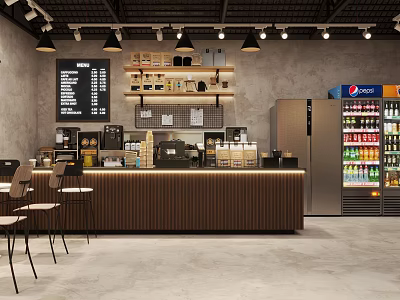 Modern Café Interior With Wooden Counter Coffee Machines Menu Board Bar Stools And Beverage Fridge 3d model