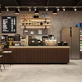 Modern Café Interior With Wooden Counter Coffee Machines Menu Board Bar Stools And Beverage Fridge