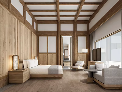 Minimalist Hotel Room With Wooden Walls Beams Large Bed Sofa TV Floor To Ceiling Windows 3d model