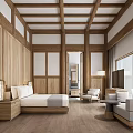 Minimalist Hotel Room With Wooden Walls Beams Large Bed Sofa TV Floor To Ceiling Windows