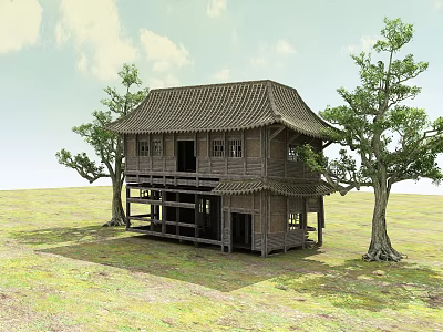 Traditional Chinese Wooden Two Story Building With Tile Roof And Trees On Grassland 3d model