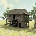 Traditional Chinese Wooden Two Story Building With Tile Roof And Trees On Grassland