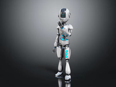 Humanoid Robot Character With White Body And Blue Illuminated Accents Standing On Dark Background 3d model