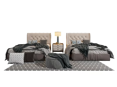 Double Beds With Upholstered Headboards Gray Black Bedding Nightstand Lamp Geometric Pattern Rug Woven Stool 3d model