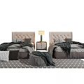 Double Beds With Upholstered Headboards Gray Black Bedding Nightstand Lamp Geometric Pattern Rug Woven Stool