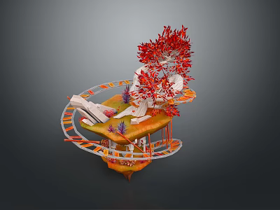 Modern Architectural Component With Spiral Structure Red Tree Like Decorations And Platform 3d model