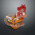 Modern Architectural Component With Spiral Structure Red Tree Like Decorations And Platform