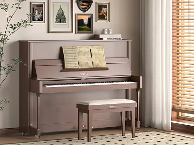 Elegant Piano and Wall Paintings in Interior with Sheet Music Stool Plants and Window Blinds 3d model
