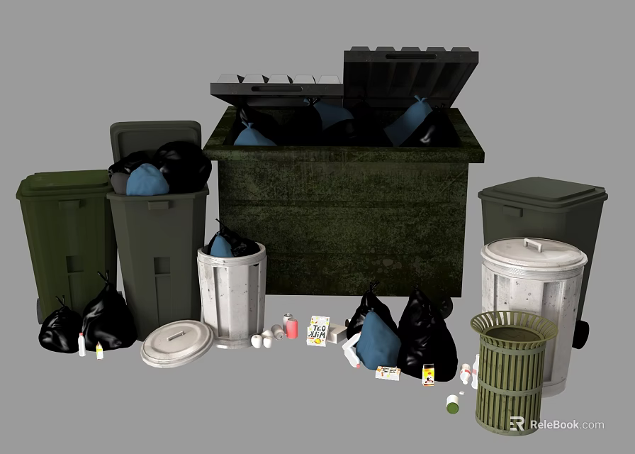 Various Trash Bins Large Dumpster And Garbage Bags With Scattered Waste 3d model