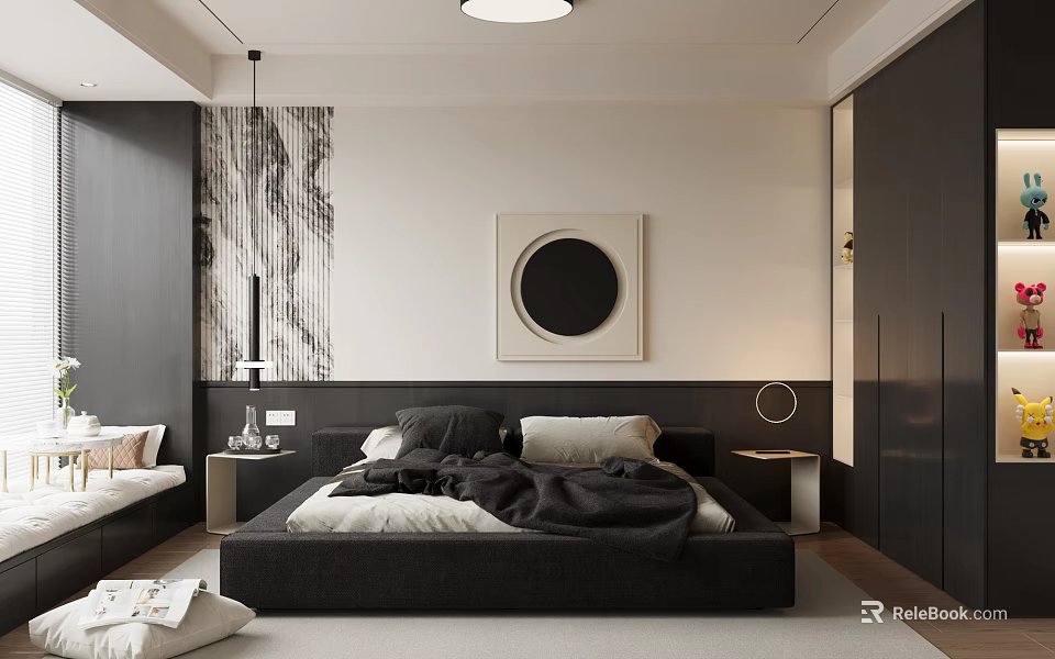 Modern Minimalist Bedroom With Black Bed White Pillows Circular Artwork Nightstands And Dark Wardrobes 3d model 