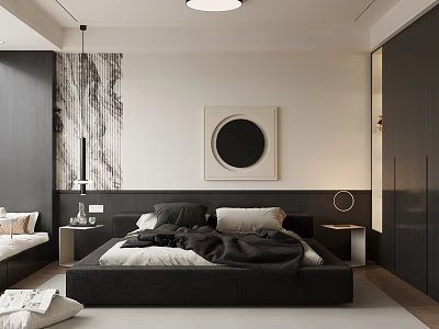 Modern Minimalist Bedroom With Black Bed White Pillows Circular Artwork Nightstands And Dark Wardrobes 3d model