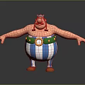 Cartoon Character With Red Mustache White Hat Blue White Striped Pants Green Belt Arms Outstretched