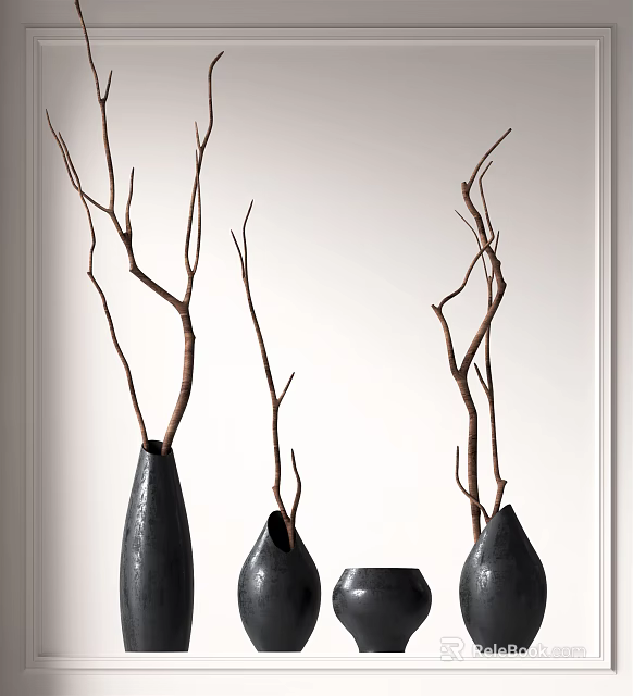 Elegant Black Vases With Natural Dried Branches In Minimalist Interior Decor 3d model 
