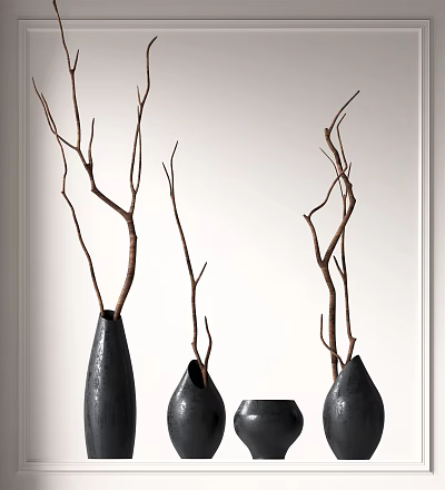 Elegant Black Vases With Natural Dried Branches In Minimalist Interior Decor 3d model