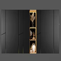 Modern Storage Cabinet With Black Doors Wooden Shelves And Decorative Feather Books Candles Frames