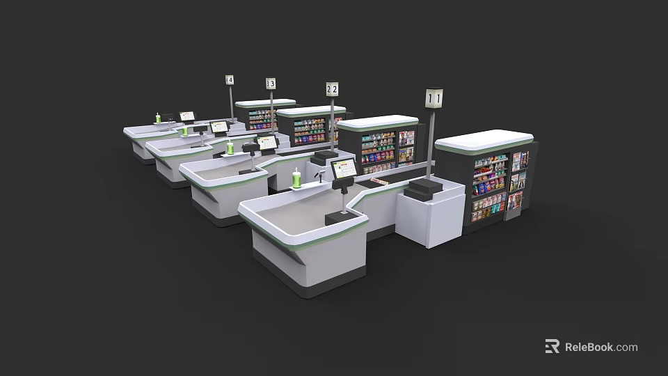 Supermarket Department Store Checkout Area With Multiple Counters And Product Shelves 3d model 