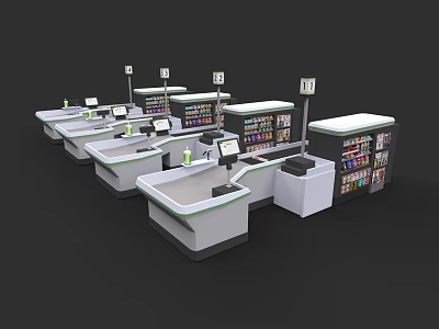 Supermarket Department Store Checkout Area With Multiple Counters And Product Shelves 3d model