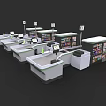 Supermarket Department Store Checkout Area With Multiple Counters And Product Shelves