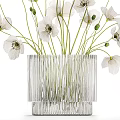 White Poppy Flowers Arranged In Modern Striped Metallic Vase Decorative Piece