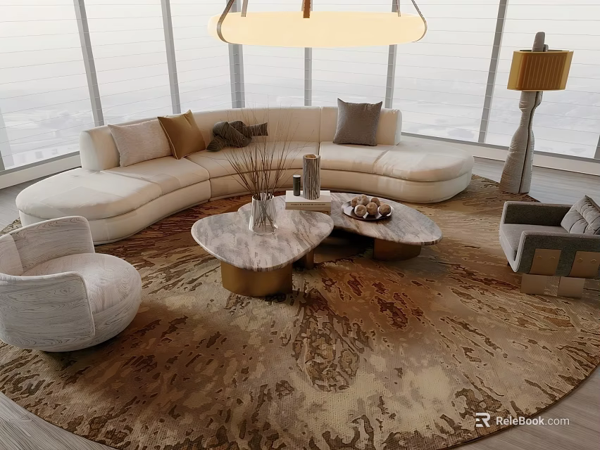 Curved Beige Sofa Set With Marble Coffee Tables Decorative Pillows And Round Patterned Rug 3d model 