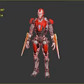 Red And White Metallic 3D Robot Character With Blue Core And Arm Weapons