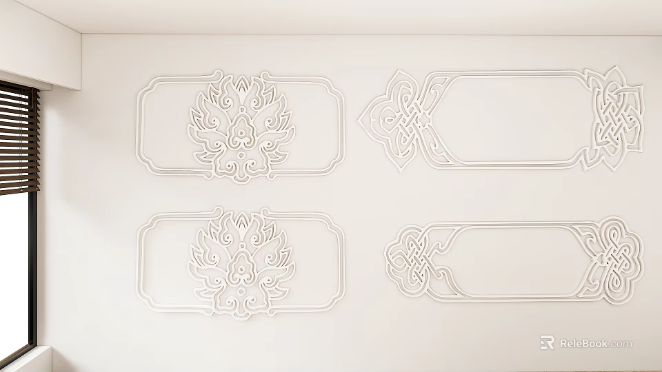 White Wall Decorated With Traditional Pattern Motifs In Light Outline And Simple Style 3d model 